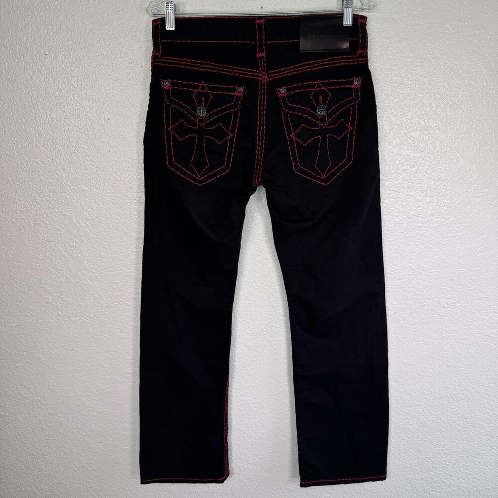 Affliction Cooper Jeans Mens 30 X 32 Relaxed Straight Red Stitch Black Denim